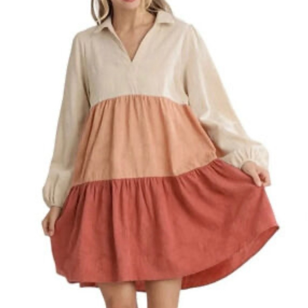 Umgee Cream and Coral Tiered Ruffled Dress with Bishop Sleeves